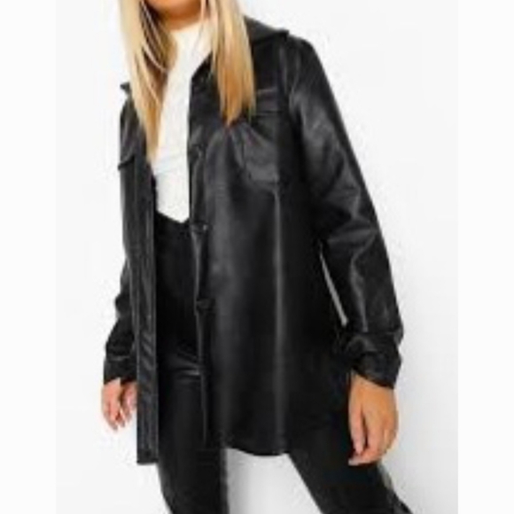Bagatelle Shacket Black Faux Leather Button Front Long Sleeve Pockets Si… - Picture 1 of 10